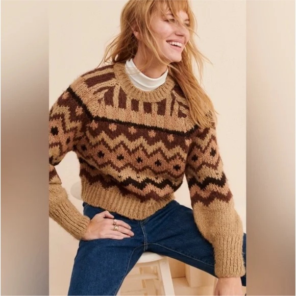 ZARA Fair Isle Tan/Brown Neutrals Carson Geometric Wool Blend Sweater Medium - Picture 5 of 8